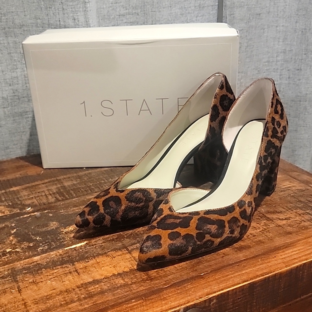 1.State Sisteen D'Orsay Leopard Print Cow Hair Heel Pumps NEW IN BOX